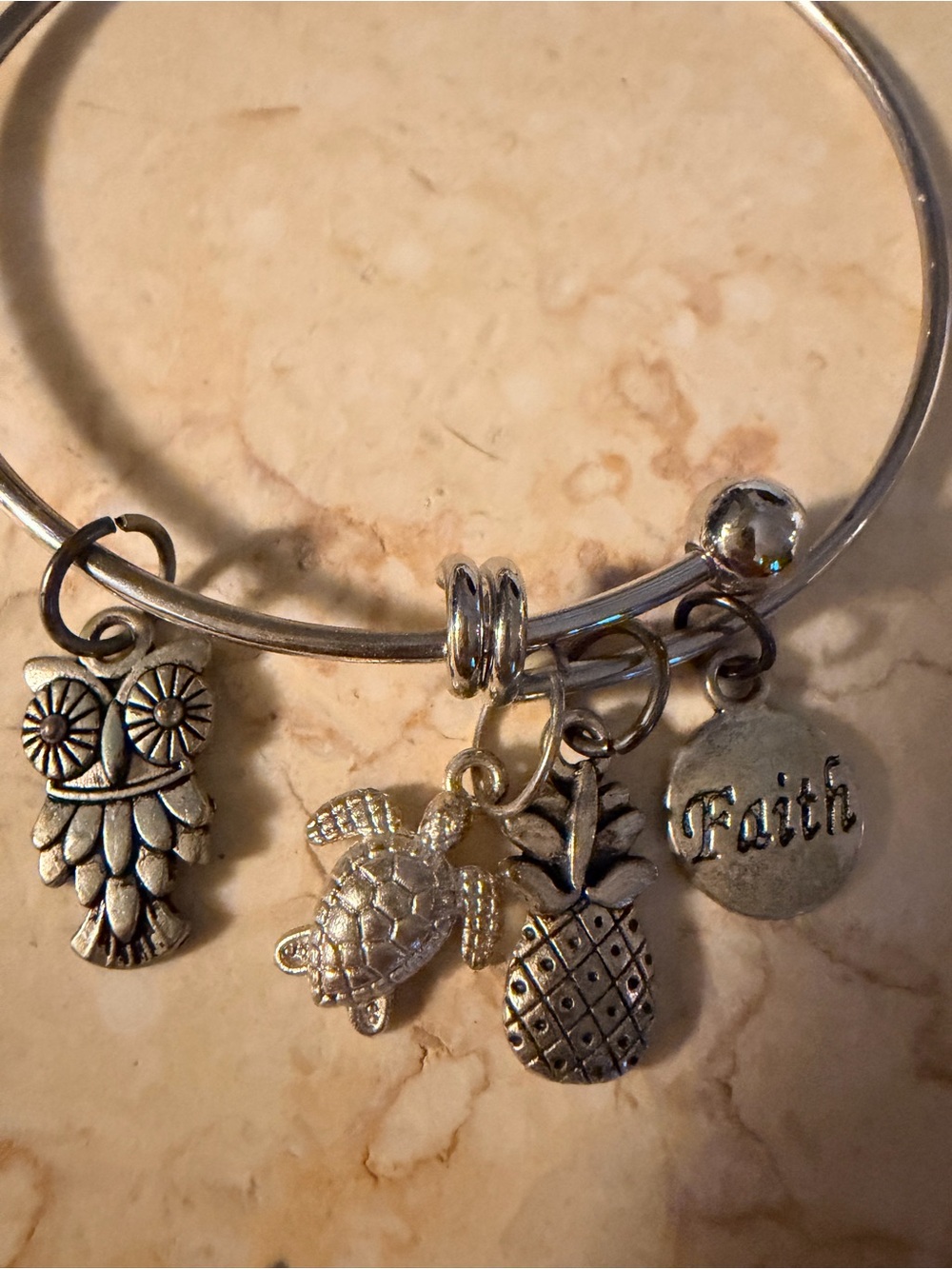 Silver Charm Bangle Bracelet with Owl, Turtle, Pineapple & Faith Disc